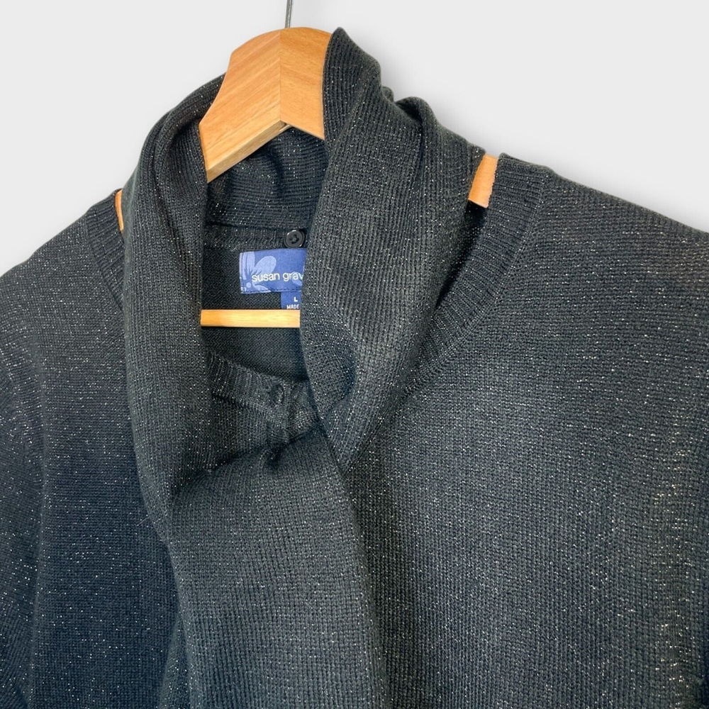 🦜 Susan Graver Women's Sweater + Scarf L Metallic Black Knit Button Cardigan